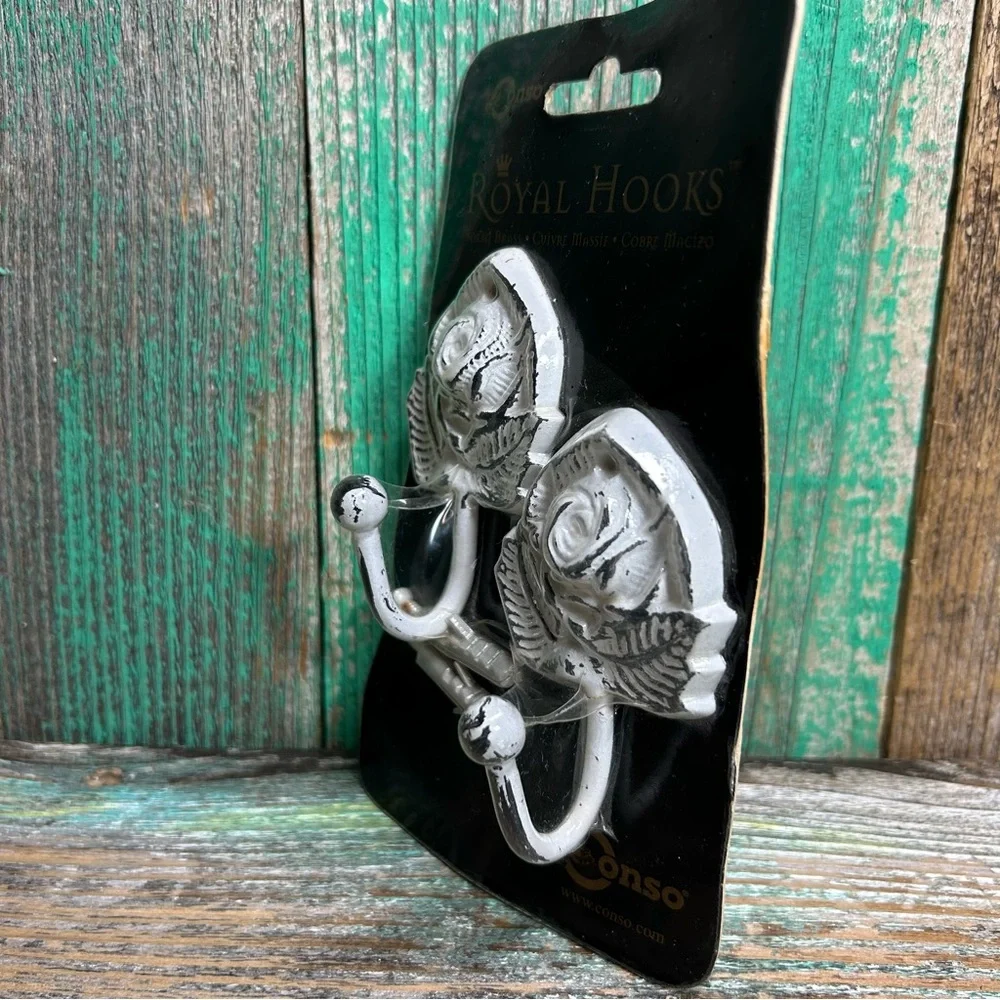 NEW (NOS) In Package WALL HOOKS Solid Brass Rose-Shaped Vintage Distressed